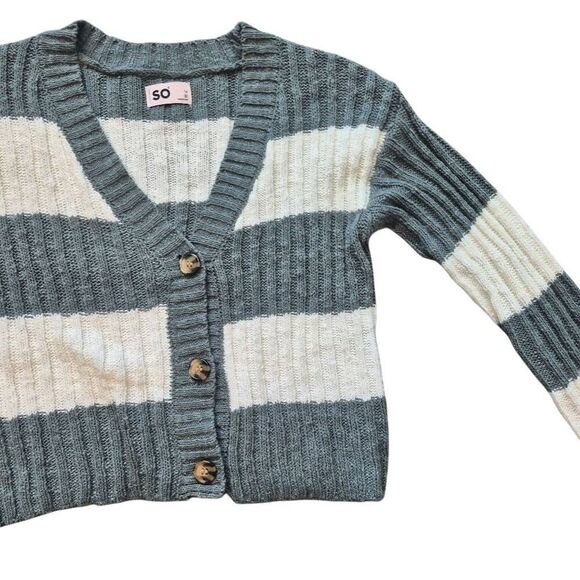 SO Women's Sage Green & White Cotton/Acrylic Striped Sweater Ribbed Knit Button - Picture 4 of 9